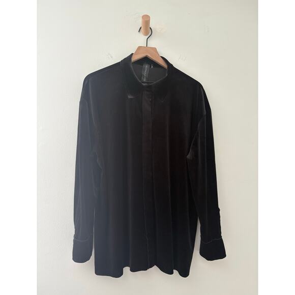 Norma Kamali Black Velvet Boyfriend Top Small Oversized Collared Long Sleeve - Picture 3 of 11